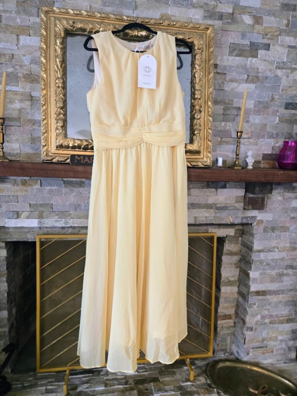 NWT Fehaute Women's Yellow Chiffon Pleated Formal Midi Dress Size US 12